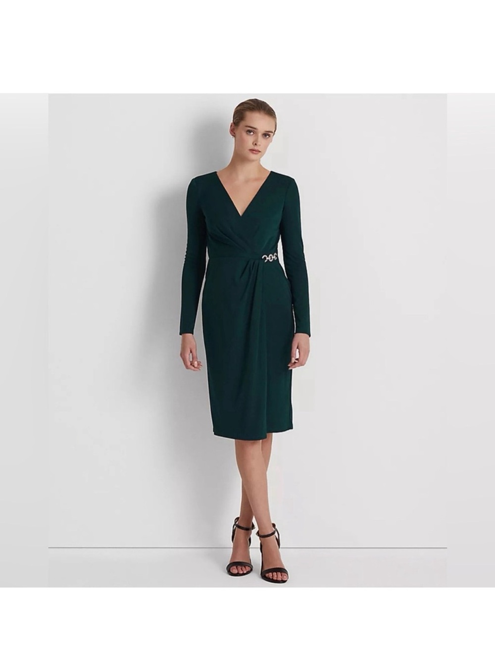 Ralph Lauren Long Sleeve V-Neck Wrap Dress in Dark Green
